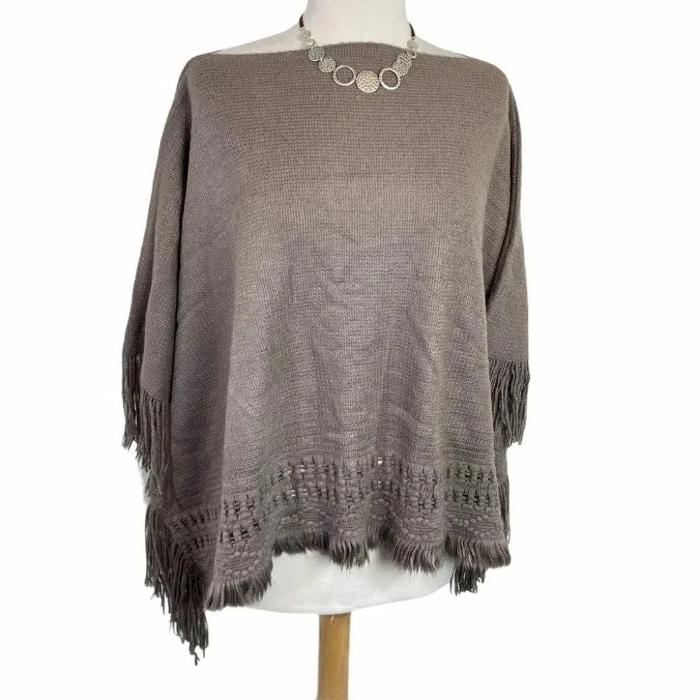 Brown/taupe boho poncho with fringe OS
